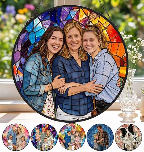 Personalized Family Stained Glass Sun Catcher, Custom Photo Family Portrait Faux Window Hanging Ornament, Custom Photo Gift for Grandpa for Dad Mom, Christmas, Father's Day, Birthday, Anniversary in Saudi Arabia