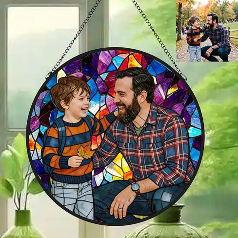 Personalized Family Stained Glass Sun Catcher, Custom Photo Family Portrait Faux Window Hanging Ornament, Custom Photo Gift for Grandpa for Dad Mom, Christmas, Father's Day, Birthday, Anniversary in Saudi Arabia