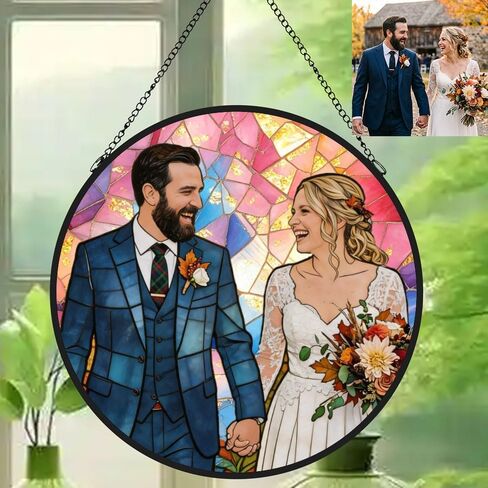 Personalized Family Stained Glass Sun Catcher, Custom Photo Family Portrait Faux Window Hanging Ornament, Custom Photo Gift for Grandpa for Dad Mom, Christmas, Father's Day, Birthday, Anniversary in Saudi Arabia