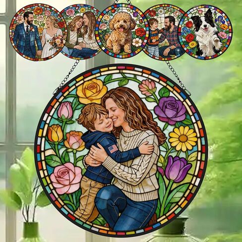 Personalized Family Stained Glass Sun Catcher, Custom Photo Family Portrait Faux Window Hanging Ornament, Custom Photo Gift for Grandpa for Dad Mom, Christmas, Father's Day, Birthday, Anniversary in Saudi Arabia
