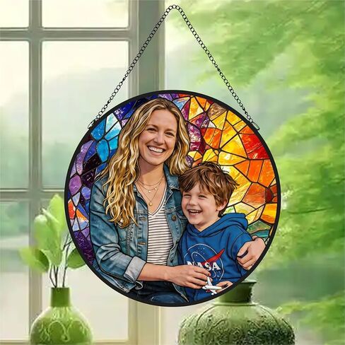 Personalized Family Stained Glass Sun Catcher, Custom Photo Family Portrait Faux Window Hanging Ornament, Custom Photo Gift for Grandpa for Dad Mom, Christmas, Father's Day, Birthday, Anniversary in Saudi Arabia