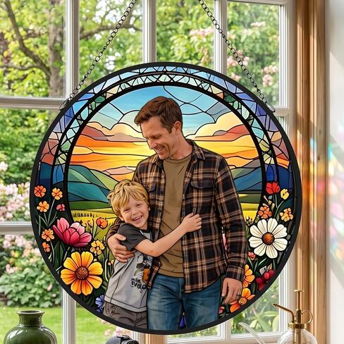 Personalized Family Stained Glass Sun Catcher, Custom Photo Family Portrait Faux Window Hanging Ornament, Custom Photo Gift for Grandpa for Dad Mom, Christmas, Father's Day, Birthday, Anniversary in Saudi Arabia