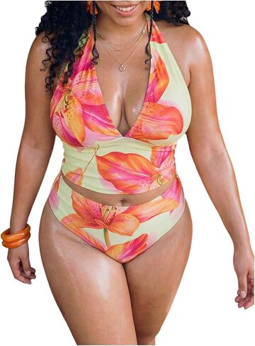 RoseSeek Women's 2 Piece Plus Size Floral Tankini Swimsuits Halter Open Back High Waisted Bathing Suits in Kuwait