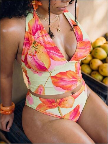 RoseSeek Women's 2 Piece Plus Size Floral Tankini Swimsuits Halter Open Back High Waisted Bathing Suits in Kuwait
