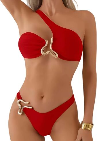One Shoulder Bikini for Women Sexy Cutout Two Piece Swimsuit with Metal Hardware Asymmetrical High Cut Bathing Suit in Saudi Arabia