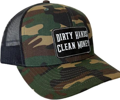 Dirty Hands Clean Money Leather Patch Hat, Camo Trucker, Mesh Back Snapback, Blue Collar Work Hat (Richardson 112) in Kuwait