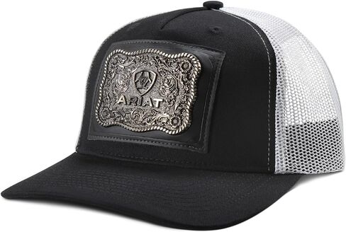 قبعة ARIAT للرجال بإبزيم Concho Patch Snapback، مكونة من 5 ألواح، خلفية شبكية | أسود/أبيض in Kuwait