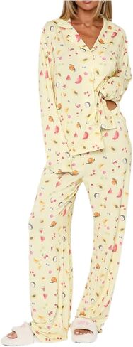 Womens 2 Piece Fruit Pajamas Set Cute Pjs Button Down Long Sleeve Wide Leg Y2K Coquette Fall Lounge Set Sleepwear S-XL in Saudi Arabia