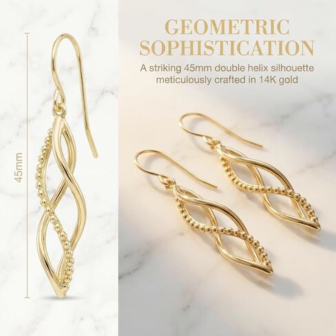 14K Yellow Gold Twisted Infinity Drop Earrings for Women, Beaded Accent Dangle Earrings, Fish Hook Back Closure, Hypoallergenic Minimalist Jewelry for Daily Wear & Gifting in Saudi Arabia