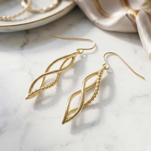 14K Yellow Gold Twisted Infinity Drop Earrings for Women, Beaded Accent Dangle Earrings, Fish Hook Back Closure, Hypoallergenic Minimalist Jewelry for Daily Wear & Gifting in Saudi Arabia
