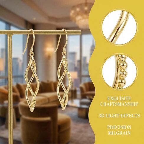 14K Yellow Gold Twisted Infinity Drop Earrings for Women, Beaded Accent Dangle Earrings, Fish Hook Back Closure, Hypoallergenic Minimalist Jewelry for Daily Wear & Gifting in Saudi Arabia