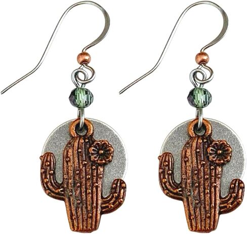 Cactus Full Moon Earrings, Antique Copper & Silver Layered Mixed Metal Drops, Southwestern Desert Botanical Boho Jewelry Gift for Women, Green Beads in Saudi Arabia