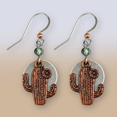 Cactus Full Moon Earrings, Antique Copper & Silver Layered Mixed Metal Drops, Southwestern Desert Botanical Boho Jewelry Gift for Women, Green Beads in Saudi Arabia