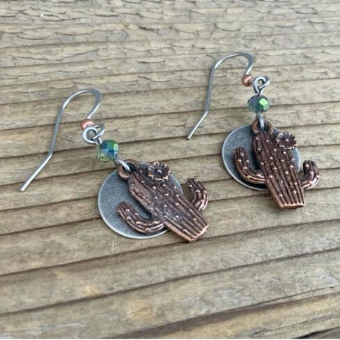 Cactus Full Moon Earrings, Antique Copper & Silver Layered Mixed Metal Drops, Southwestern Desert Botanical Boho Jewelry Gift for Women, Green Beads in Saudi Arabia