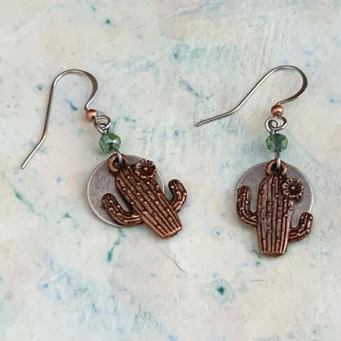 Cactus Full Moon Earrings, Antique Copper & Silver Layered Mixed Metal Drops, Southwestern Desert Botanical Boho Jewelry Gift for Women, Green Beads in Saudi Arabia