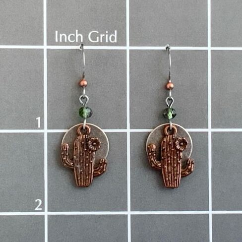 Cactus Full Moon Earrings, Antique Copper & Silver Layered Mixed Metal Drops, Southwestern Desert Botanical Boho Jewelry Gift for Women, Green Beads in Saudi Arabia