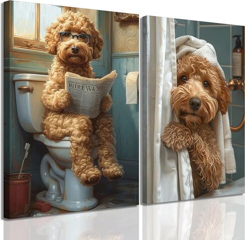 2Pcs Funny Dog Bathroom Canvas Wall Art Goldendoodle On Toilet Reading Newspaper Poster Prints Golden Poodle In The Shower Picture Humor Bathroom Animal Wall Decor for Bathroom 12x16in Framed in Saudi Arabia