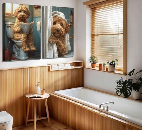 2Pcs Funny Dog Bathroom Canvas Wall Art Goldendoodle On Toilet Reading Newspaper Poster Prints Golden Poodle In The Shower Picture Humor Bathroom Animal Wall Decor for Bathroom 12x16in Framed in Saudi Arabia