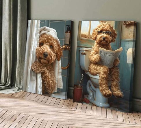 2Pcs Funny Dog Bathroom Canvas Wall Art Goldendoodle On Toilet Reading Newspaper Poster Prints Golden Poodle In The Shower Picture Humor Bathroom Animal Wall Decor for Bathroom 12x16in Framed in Saudi Arabia