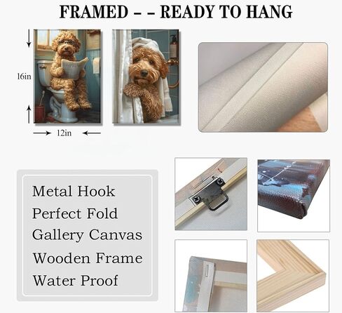 2Pcs Funny Dog Bathroom Canvas Wall Art Goldendoodle On Toilet Reading Newspaper Poster Prints Golden Poodle In The Shower Picture Humor Bathroom Animal Wall Decor for Bathroom 12x16in Framed in Saudi Arabia