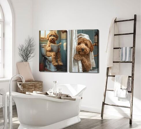 2Pcs Funny Dog Bathroom Canvas Wall Art Goldendoodle On Toilet Reading Newspaper Poster Prints Golden Poodle In The Shower Picture Humor Bathroom Animal Wall Decor for Bathroom 12x16in Framed in Saudi Arabia