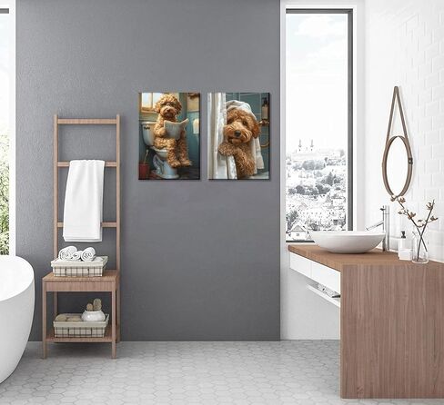 2Pcs Funny Dog Bathroom Canvas Wall Art Goldendoodle On Toilet Reading Newspaper Poster Prints Golden Poodle In The Shower Picture Humor Bathroom Animal Wall Decor for Bathroom 12x16in Framed in Saudi Arabia