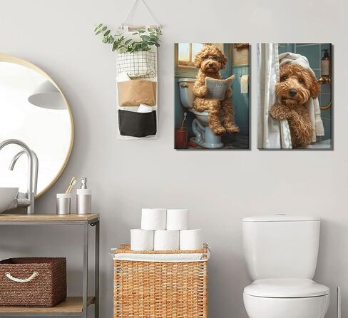 2Pcs Funny Dog Bathroom Canvas Wall Art Goldendoodle On Toilet Reading Newspaper Poster Prints Golden Poodle In The Shower Picture Humor Bathroom Animal Wall Decor for Bathroom 12x16in Framed in Saudi Arabia