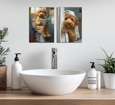 2Pcs Funny Dog Bathroom Canvas Wall Art Goldendoodle On Toilet Reading Newspaper Poster Prints Golden Poodle In The Shower Picture Humor Bathroom Animal Wall Decor for Bathroom 12x16in Framed in Saudi Arabia