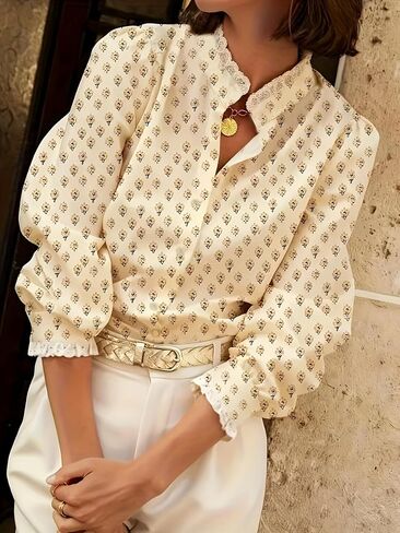 Women's Floral Blouse Ruffled Lace Trim Puff Sleeves Chic for Brunch Work Spring Summer Outings in Kuwait