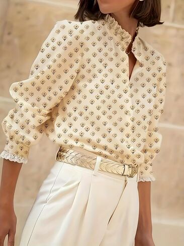 Women's Floral Blouse Ruffled Lace Trim Puff Sleeves Chic for Brunch Work Spring Summer Outings in Kuwait