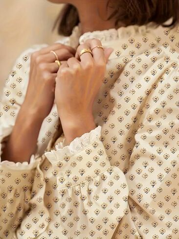 Women's Floral Blouse Ruffled Lace Trim Puff Sleeves Chic for Brunch Work Spring Summer Outings in Kuwait