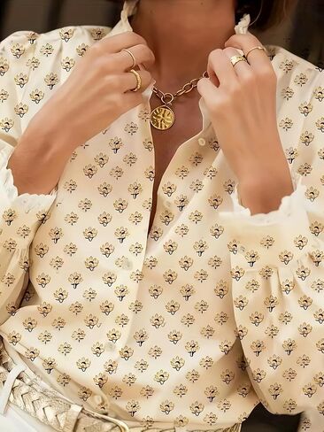 Women's Floral Blouse Ruffled Lace Trim Puff Sleeves Chic for Brunch Work Spring Summer Outings in Kuwait