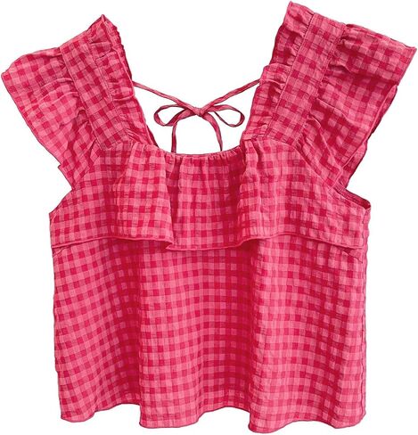 Milumia Women's Gingham Ruffle Cap Sleeve Blouse Textured Tie Back Square Neck Cute Babydoll Tops in Kuwait