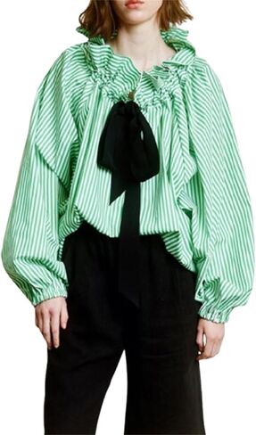 Women Elegant Stripe Print Shirt Ruffled Neckline Long Lantern Sleeve Loose Blouse Casual Going Out Tops Streetwear in Saudi Arabia