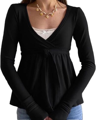 Women Y2k Fairy Lace Patchwork Babydoll Shirt Long Sleeve Peplum Top Vintage Harajuku Aesthetic Slim Blouse in Saudi Arabia