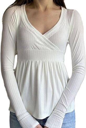 Women Y2k Fairy Lace Patchwork Babydoll Shirt Long Sleeve Peplum Top Vintage Harajuku Aesthetic Slim Blouse in Saudi Arabia