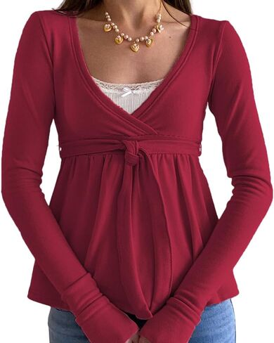 Women Y2k Fairy Lace Patchwork Babydoll Shirt Long Sleeve Peplum Top Vintage Harajuku Aesthetic Slim Blouse in Saudi Arabia