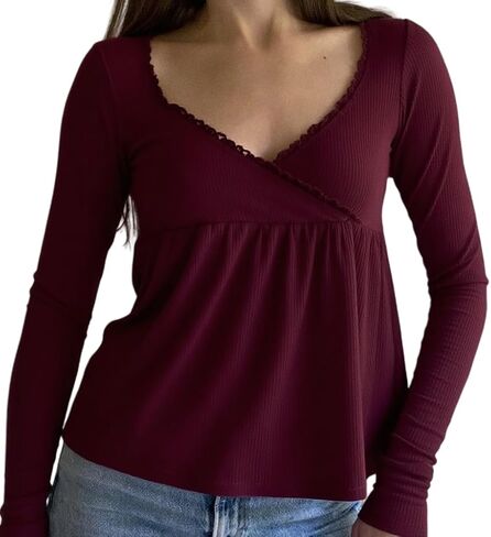 Women Y2k Fairy Lace Patchwork Babydoll Shirt Long Sleeve Peplum Top Vintage Harajuku Aesthetic Slim Blouse in Saudi Arabia