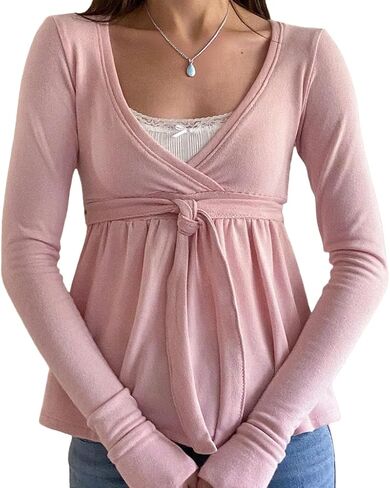 Women Y2k Fairy Lace Patchwork Babydoll Shirt Long Sleeve Peplum Top Vintage Harajuku Aesthetic Slim Blouse in Saudi Arabia