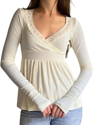 Women Y2k Fairy Lace Patchwork Babydoll Shirt Long Sleeve Peplum Top Vintage Harajuku Aesthetic Slim Blouse in Saudi Arabia