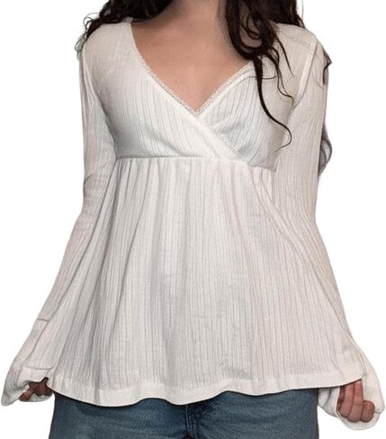 Women Y2k Fairy Lace Patchwork Babydoll Shirt Long Sleeve Peplum Top Vintage Harajuku Aesthetic Slim Blouse in Saudi Arabia