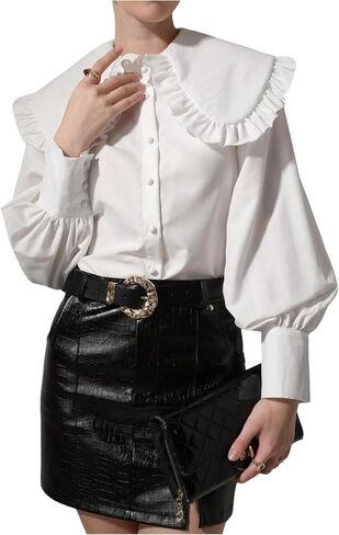 Women's Large Doll Collar Shirt Blouse Long Sleeve Ruffle Button Shirt Tops Trendy 2026 in Kuwait