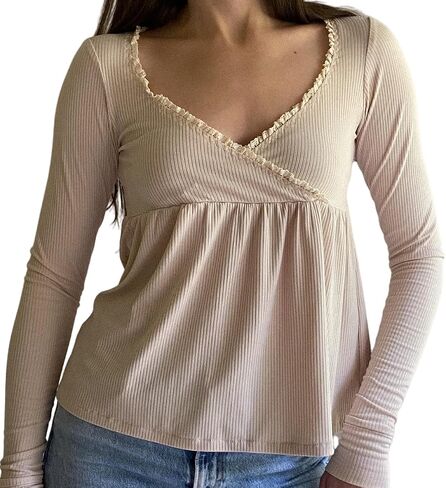 Women Y2k Fairy Lace Patchwork Babydoll Shirt Long Sleeve Peplum Top Vintage Harajuku Aesthetic Slim Blouse in Saudi Arabia