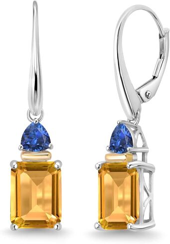 Gem Stone King 5.19 Cttw Yellow Citrine and Blue Created Sapphire Earrings For Women | 925 Silver and 10K Yellow Gold | Gemstone Birthstone | Emerald Cut 9X7MM and Trillion 4MM in Saudi Arabia