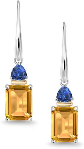 Gem Stone King 5.19 Cttw Yellow Citrine and Blue Created Sapphire Earrings For Women | 925 Silver and 10K Yellow Gold | Gemstone Birthstone | Emerald Cut 9X7MM and Trillion 4MM in Saudi Arabia