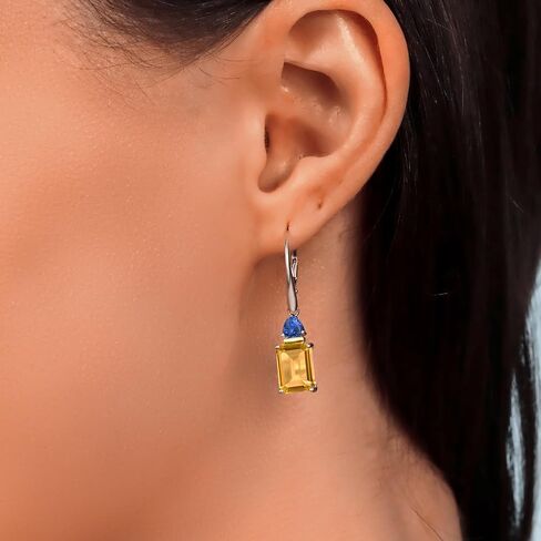 Gem Stone King 5.19 Cttw Yellow Citrine and Blue Created Sapphire Earrings For Women | 925 Silver and 10K Yellow Gold | Gemstone Birthstone | Emerald Cut 9X7MM and Trillion 4MM in Saudi Arabia