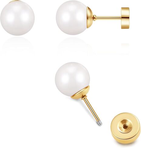 Pearl Earrings Studs for Women, 1 Pair Gold Filled Silver Hypoallergenic Titanium 20G Post with Screw Flat Back Small Pearls Jewelry Gift in Saudi Arabia