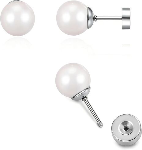 Pearl Earrings Studs for Women, 1 Pair Gold Filled Silver Hypoallergenic Titanium 20G Post with Screw Flat Back Small Pearls Jewelry Gift in Saudi Arabia