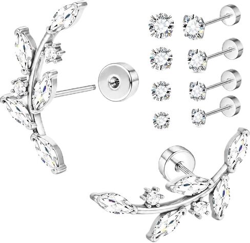 20G Piercing Jewelry Set, Hypoallergenic Flat Back Stud Earrings For Women Men, 14K Gold Plated Cartilage Earrings For Sensitive Ears, Leaf Flower & CZ Helix Tragus Piercing Jewelry - 5 Pair in Saudi Arabia