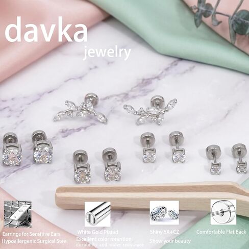 20G Piercing Jewelry Set, Hypoallergenic Flat Back Stud Earrings For Women Men, 14K Gold Plated Cartilage Earrings For Sensitive Ears, Leaf Flower & CZ Helix Tragus Piercing Jewelry - 5 Pair in Saudi Arabia